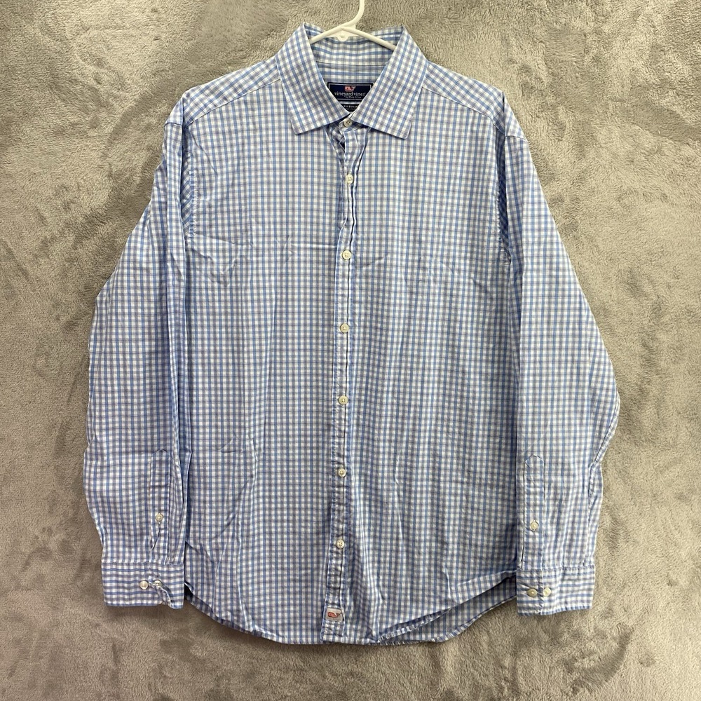Vineyard Vines Mens Button Up Classic Fit Burgee Shirt Blue Check Size L